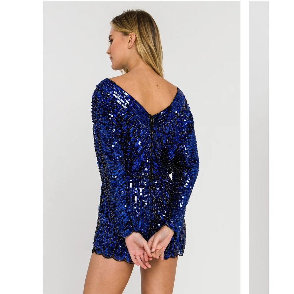 Endless Rose Women L Romper Blue Sequin Beaded Long Sleeve Party Night Out Glam - Picture 3 of 10